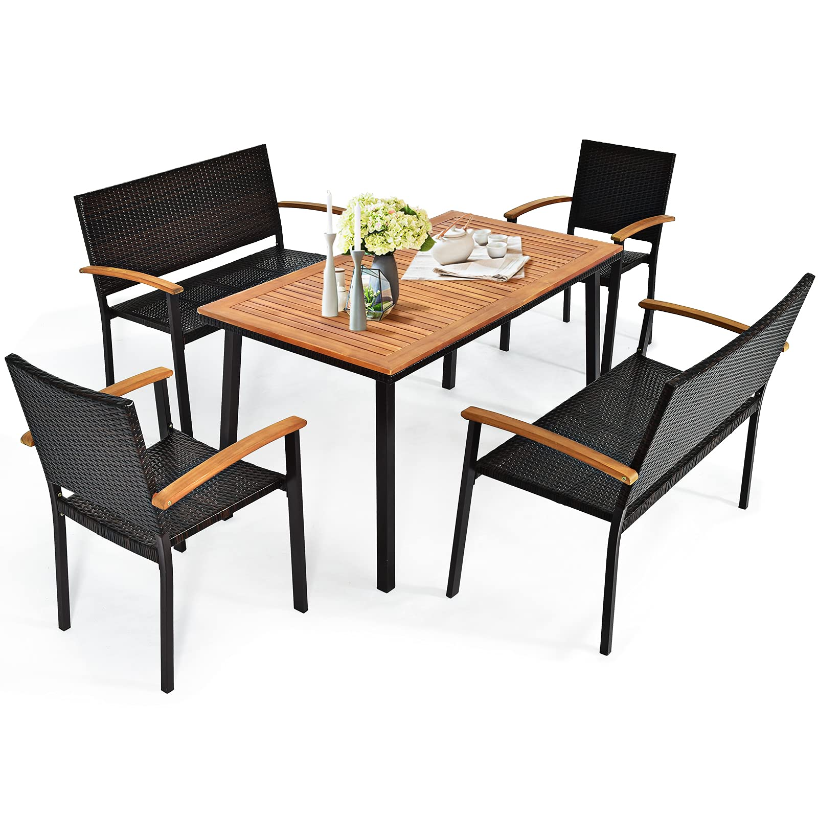 Ensemble de salle à manger Tangkula 5 pièces pour patio, ensemble de conversation moderne avec table en bois massif et trou pour parasol pour jardin, cour, porche